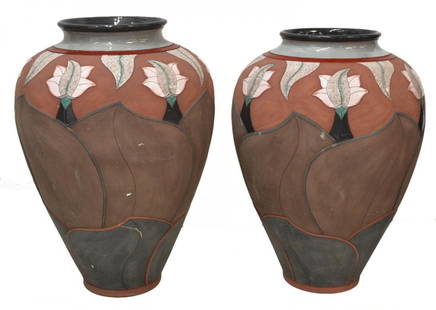 (PAIR) LARGE POLYCHROME LOTUS FLOWER URNS: (pair) Large polychrome urns, 20th c., having lotus flower decoration, 26"h, 18"d, 88lbs total Start Price: $200.00