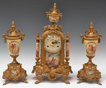 SEVRES STYLE PORCELAIN & BRASS GARNITURE CLOCK SET: (set of 3) Sevres style porcelain and brass garniture clock set, works marked Franz Hermle, Germany, comprisng (1) mantle clock and (pair) vasiform garnitures, each transfer decorated with landscape