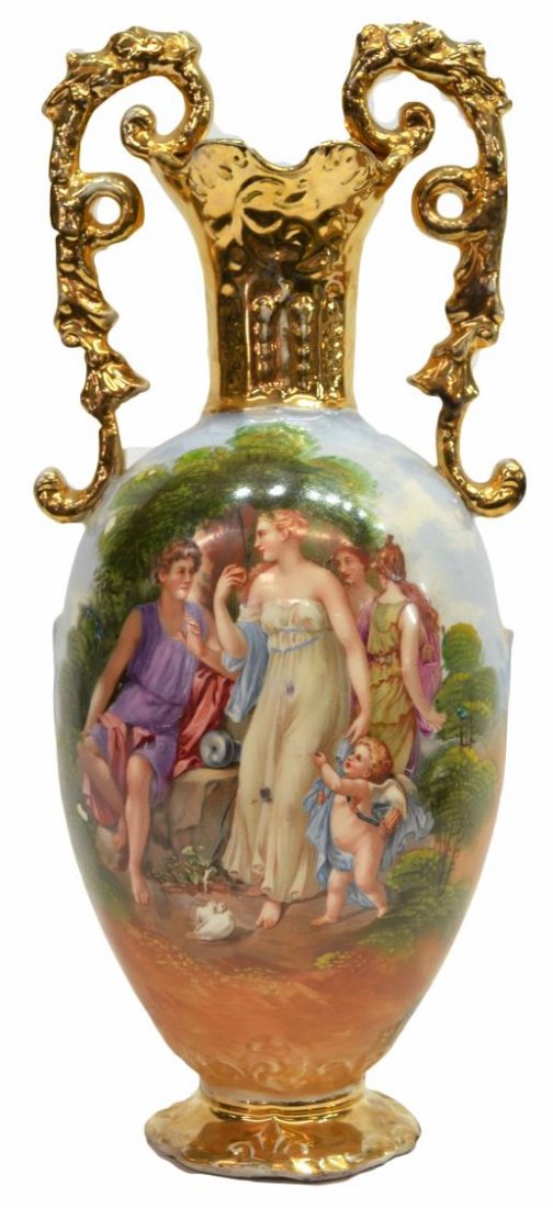 LARGE STAFFORDSHIRE GILDED PORCELAIN URN: Staffordshire porcelain urn form vase, A. G. Harley Jones, England, vibrant gilt flared neck, flanked by scrolled foliate handles, the body with polychrome figural scenes, crazing, some loss to paint,