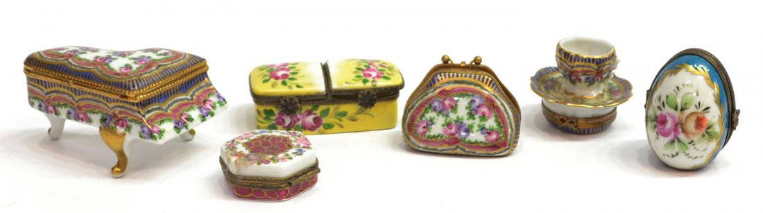 (6) LIMOGES, FRANCE HAND PAINTED PORCELAIN BOXES: (lot of 6) Collection of Limoges, France hand painted porcelain hinged boxes, having foliate motifs and gilt accents, comprising: (1) grand piano, initialed 'FD'; (1) purse, initialed 'FD'; (1)