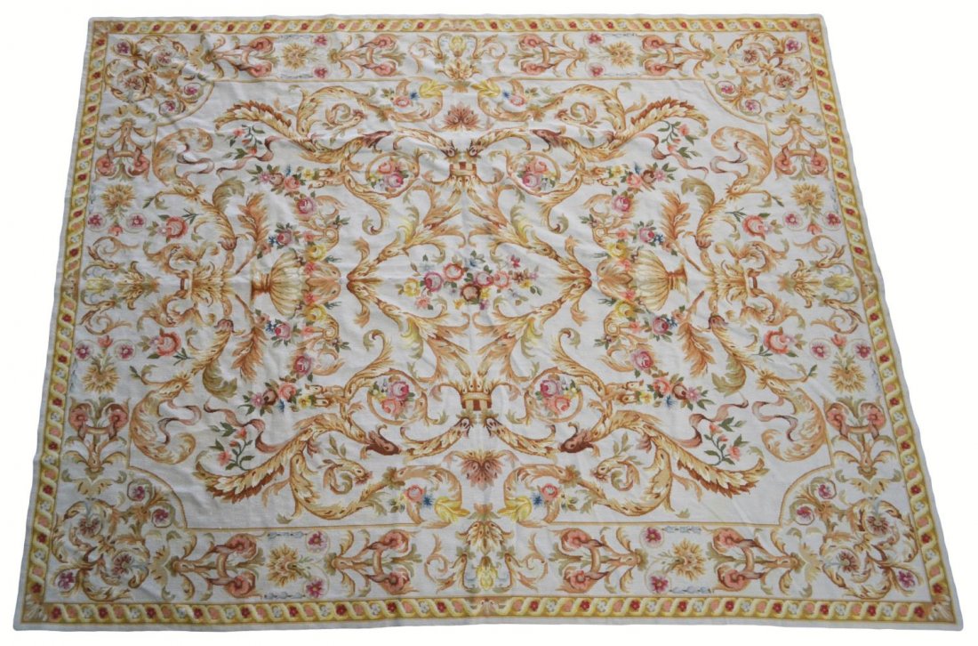 LARGE AUBUSSON STYLE NEEDLEPOINT RUG: Large Aubusson style needlepoint rug, bouquets among scrolling foliates and polychrome flowers, exposed needle work underside, 9'11"l, 7'11"w, 14lbs Start Price: $250.00
