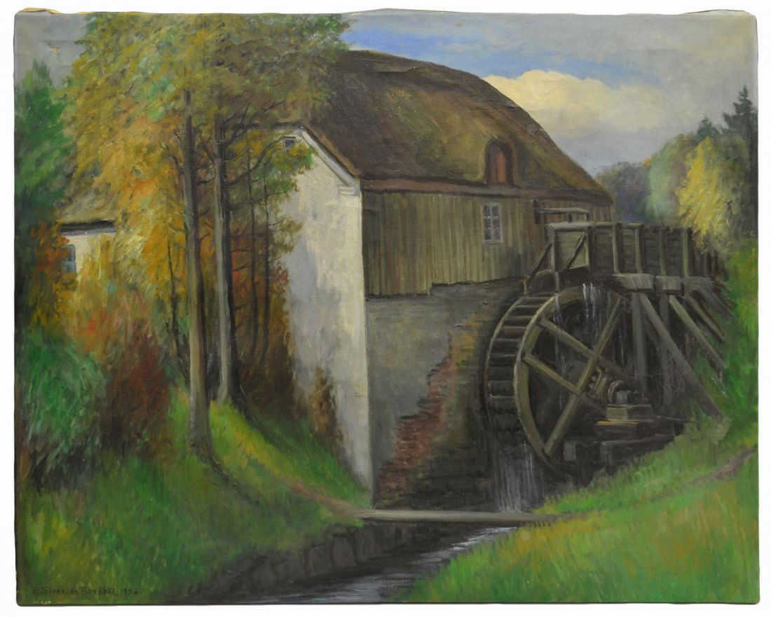 PAINTING, MILL HOUSE, A. SORENSEN RANDBOL, 1953: Unframed oil painting on canvas, Forest Mill House, signed dated lower left A. Sorensen Randbol, 1953 (Scandanavian, 20th c.), 31.75"h, 39.5"w, 2.75lbs Start Price: $80.00