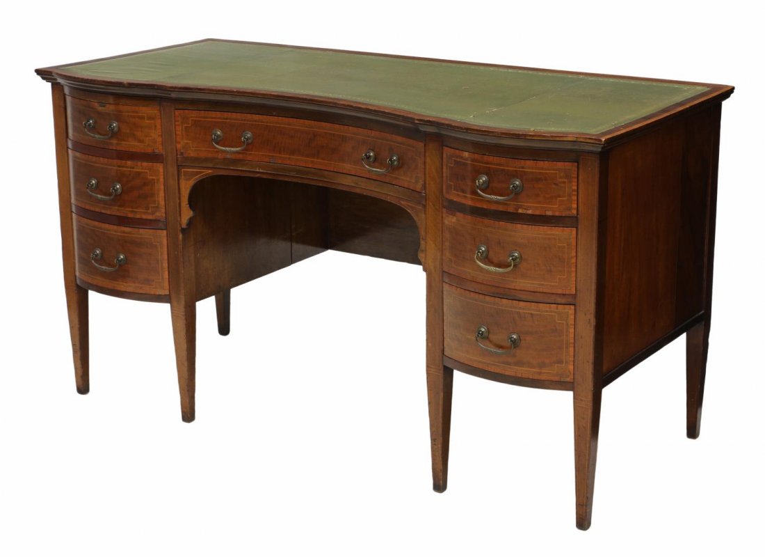 ANTIQUE HEPPLEWHITE MAHOGANY WRITING DESK: British Hepplewhite mahogany desk, early 19th c., the front with contrasting string inlay, the top with banded inlay at edges, worn and torn leather writing surface, a central convex form drawer flank