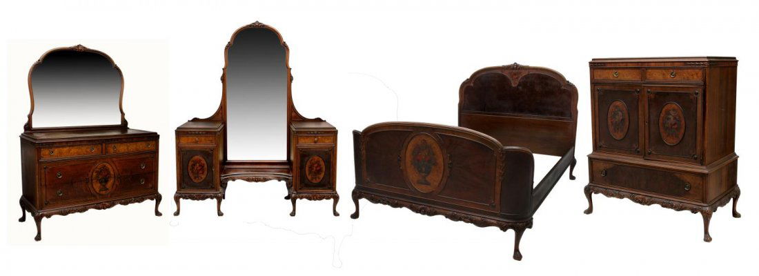(4) FINE MAHOGANY BEDROOM SUITE J.B. VAN SCIVER: (lot of 4) Mahogany bedroom suite by J.B. Van Sciver, Camden, New Jersey, c. 1930, each piece decorated with painted floral reserve, foliate carving, rising on short cabriole legs with scrolled paw fe