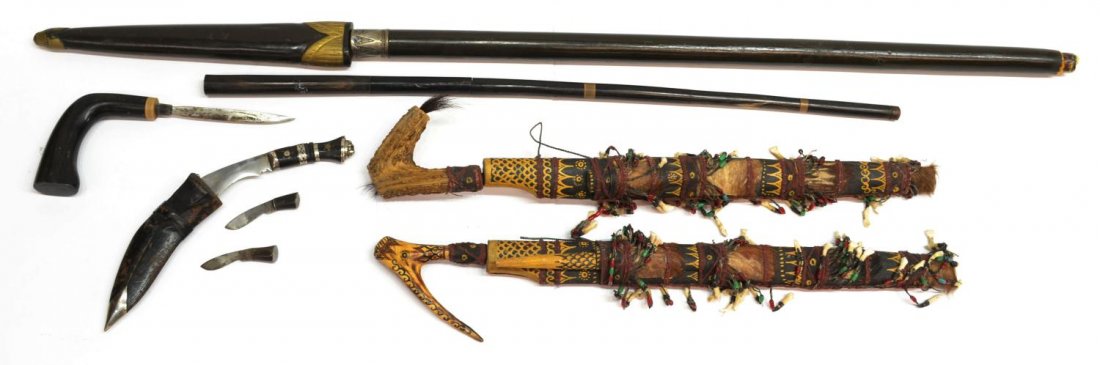 (5) EDGED WEAPONS, GURKHA, SPEAR, CEREMONIAL: (lot of 5) Collection of edged weapons, comprising: (2) ceremonial style knives, polychrome tribal patterned wood sheath and deer handles, incised blades, 23.5"l; (1) Gurkha or Kukri knife, India, wit