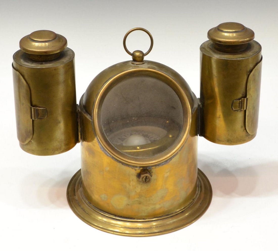 ANTIQUE GERMAN BRASS SHIPS COMPASS, DUAL LANTERNS