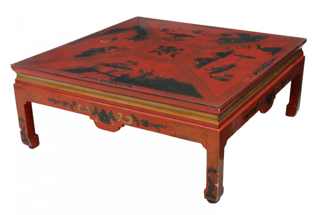 CHINESE RED LACQUER COFFEE TABLE: Chinese red lacquer coffee table, 20th c., having figural scenes, foliate accents, rising on square legs with hoof feet, 17"h, 42"w, 42"d Start Price: $100.00