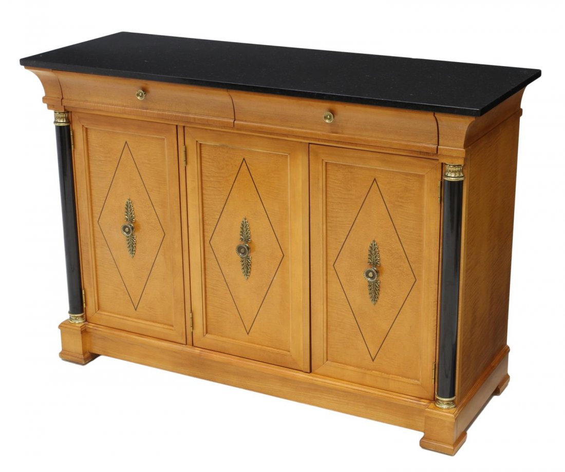 THOMASVILLE GRAND CLASSICS FRENCH STYLE SIDEBOARD: French Empire style sideboard server, Thomasville Grand Classics Collection, maple finish with brass accents, a marble top over two frieze drawers, one fitted for flatware storage, three lower doors f
