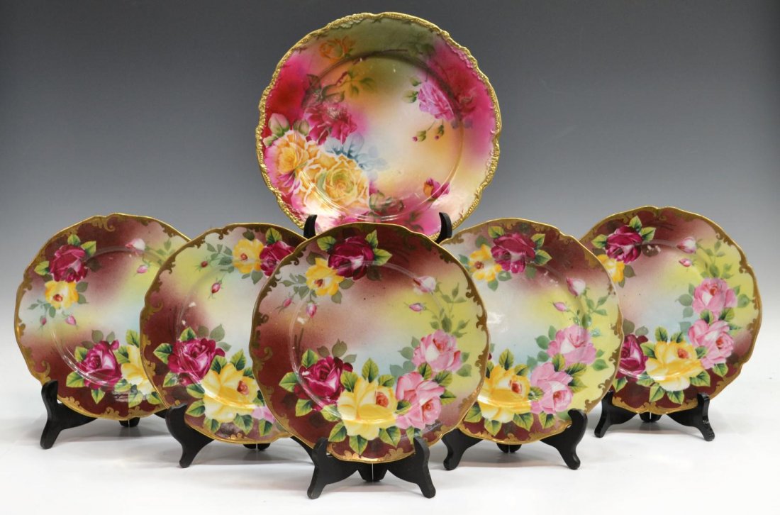 (6) NIPPON FLORAL GILT PORCELAIN CABINET PLATES: (lot of 6) Parcel gilt porcelain cabinet plates, each painted with colorful roses, comprising: (5) Royal Kinran Nippon dessert plates, 8.5"diam; (1) similarly decorated serving plate, impressed 'O 156