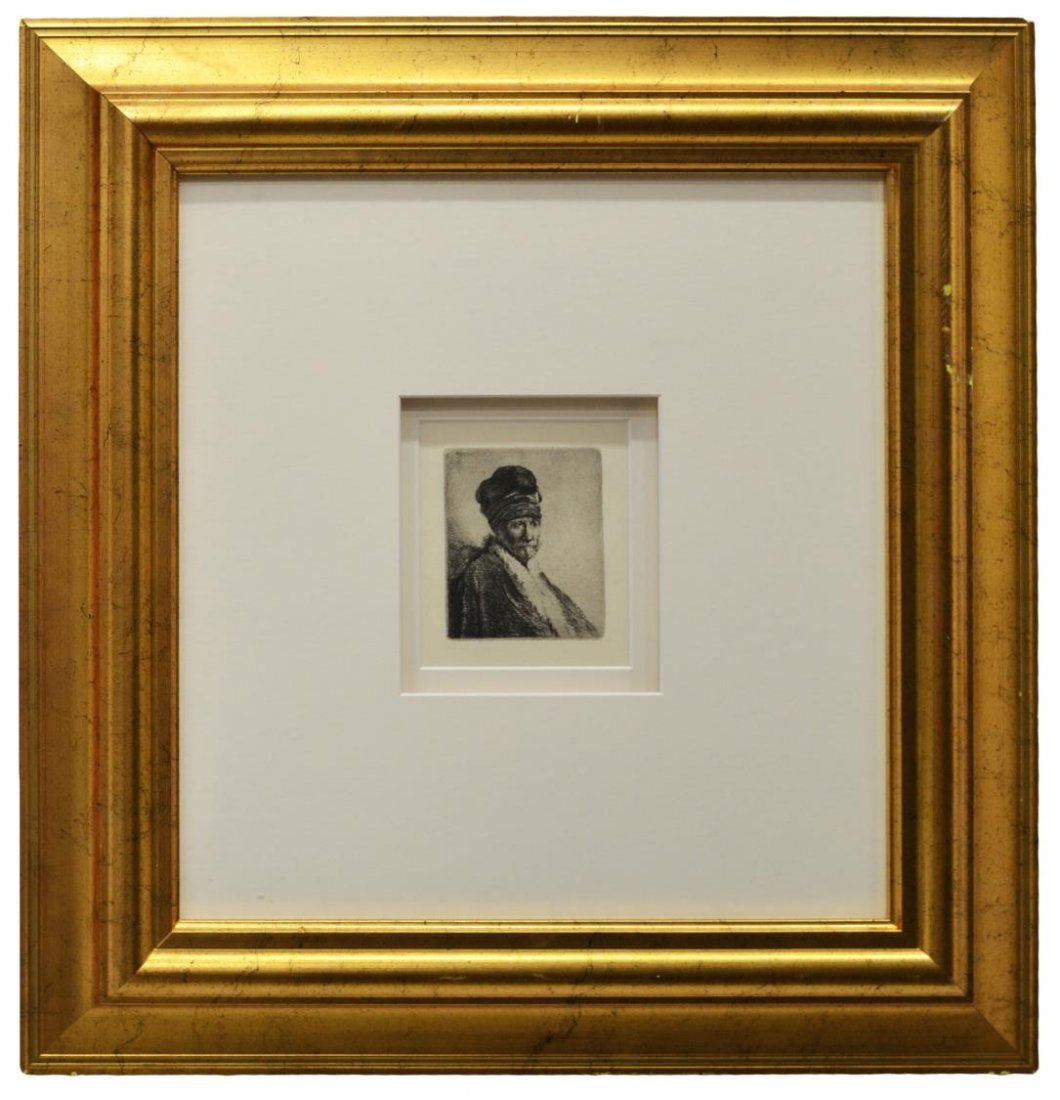ETCHING, BUST OF A MAN, AFTER REMBRANDT VAN RIJN: Framed etching on paper, "Bust of a Man Wearing a High Cap: Three-Quarters Right", after Rembrandt Van Rijn (Netherlands, 1606-1669), Park West Gallery, Marjorie Van Dyke 'Millenium' edition, with Cer
