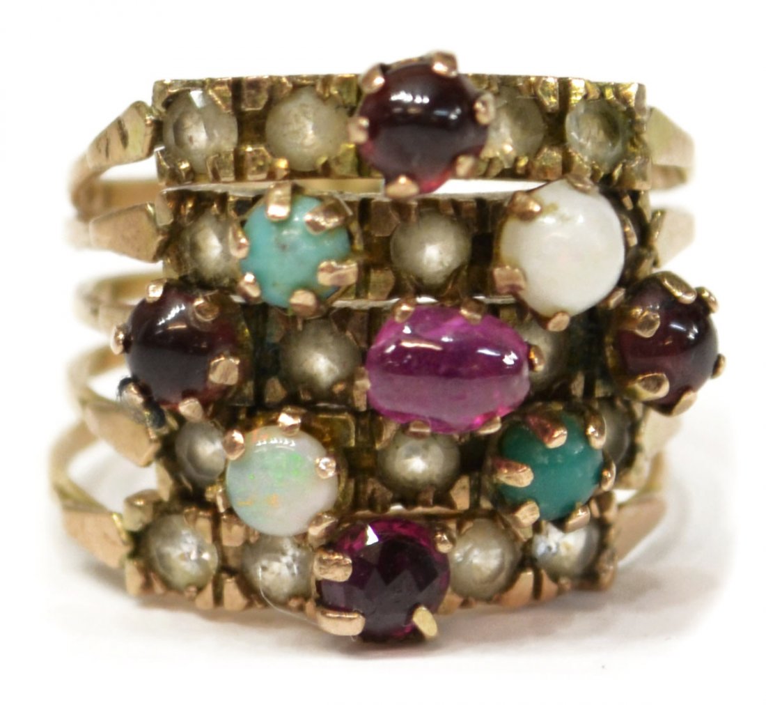 LADIES VINTAGE 14KT GOLD GEMSET FIVE BAND RING: Ladies vintage 14kt gold multi-stone ring, five thin bands set with ruby, garnet, opal, etc., 6.5 grams (all inclusive), approx size approx 8 Start Price: $125.00