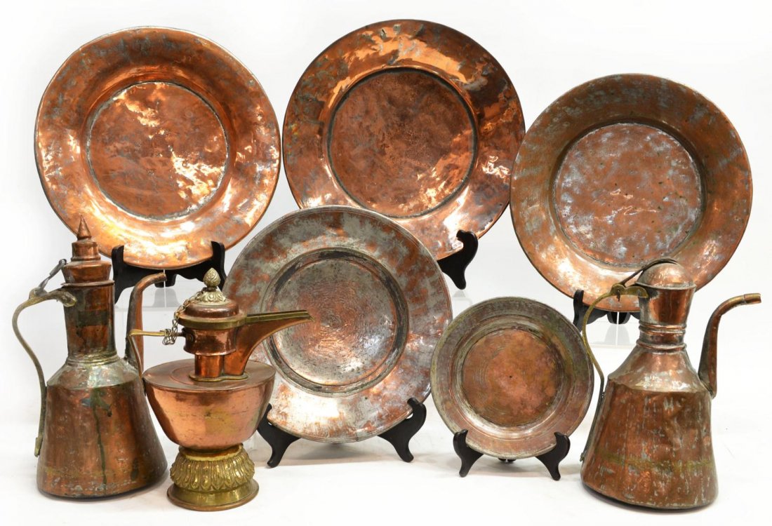 (8) COLLECTION ANTIQUE COPPER CHARGERS, EWERS: (lot of 8) Collection of antique copper chargers, plates and ewers, some wear and denting overall with age, largest: 14.25"diam, 14lbs total Start Price: $100.00