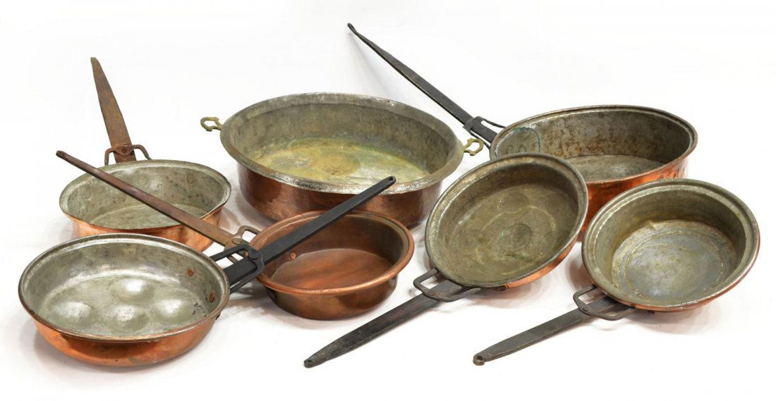 (7) COLLECTION OF ANTIQUE COPPER POTS & PANS