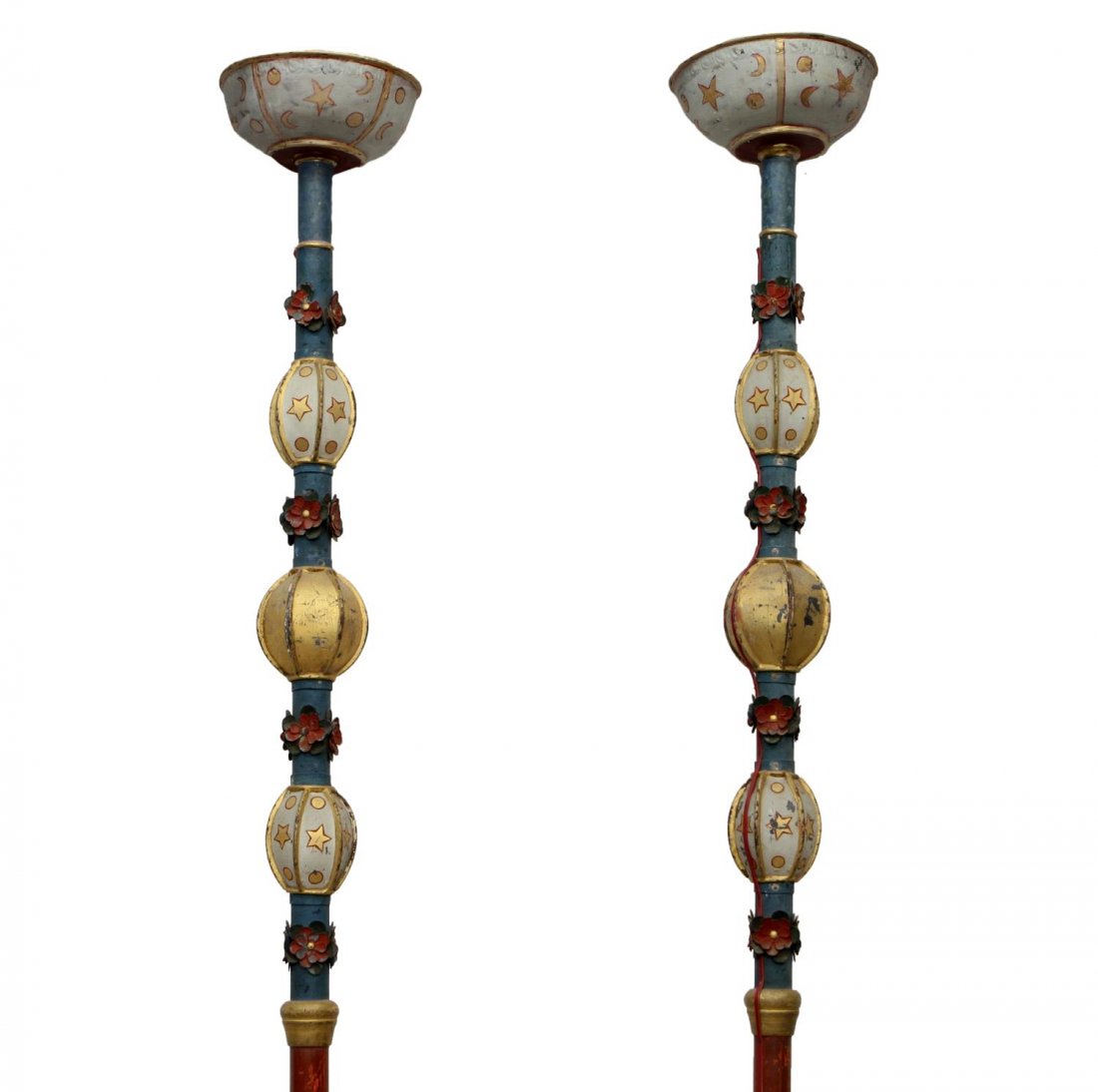 (PAIR) DECORATIVE POLYCHROME POLE TORCHES: Pair of torch,likely India, early 20th c., later converted to electric lighting, a long pole with an upper light cup over metal floral and bulbous decoration with polychrome sun and stars, all mounted