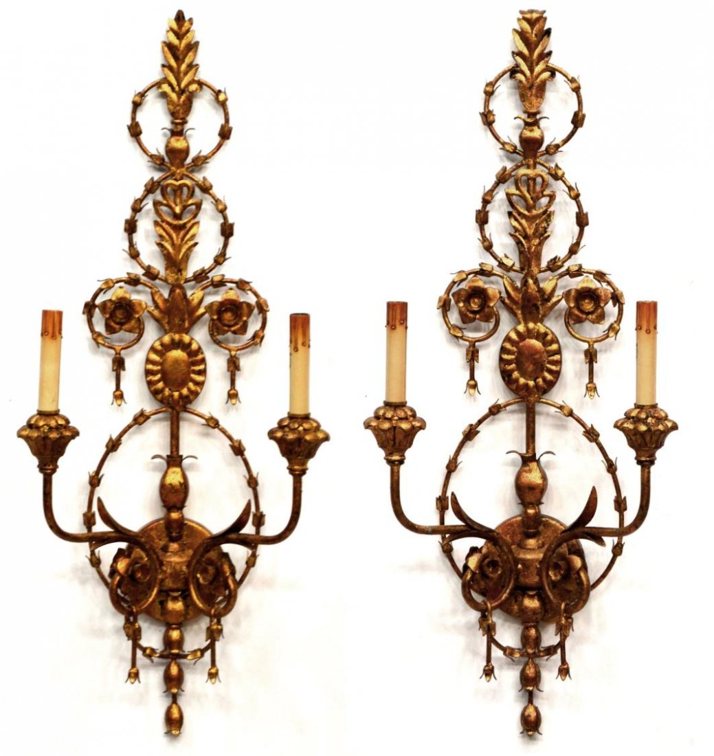 PAIR GILT METAL FLORAL SWAG TWO-LIGHT WALL SCONCES: (pair) Gilt metal two-light wall sconces, bellflower swags and leafy foliates throughout, each having two scrolled arms terminating in foliated bobeche, wired, 30"h, 12.25"w, 6.75lbs total Start Price