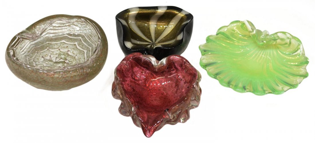 (4) VINTAGE MURANO ART GLASS CABINET BOWLS: (lot of 4) Group of vintage Murano art glass bowls / ashtray, comprising: (1) clear glass bowl having gilt flecking and white thread, circular form with curved rim, 2.5"h, 6.75"diam.; (1) pink to clea
