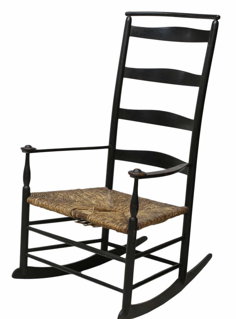 AMERICAN SHAKER # 7 ROCKING CHAIR: American Shaker #7 rocker in old black paint, Mount Lebanon, New York, late 19th c., a turned bentwood crest rail over four shaped slats, the upper slat with # 7 stamp, outward curved arms, rush seat 