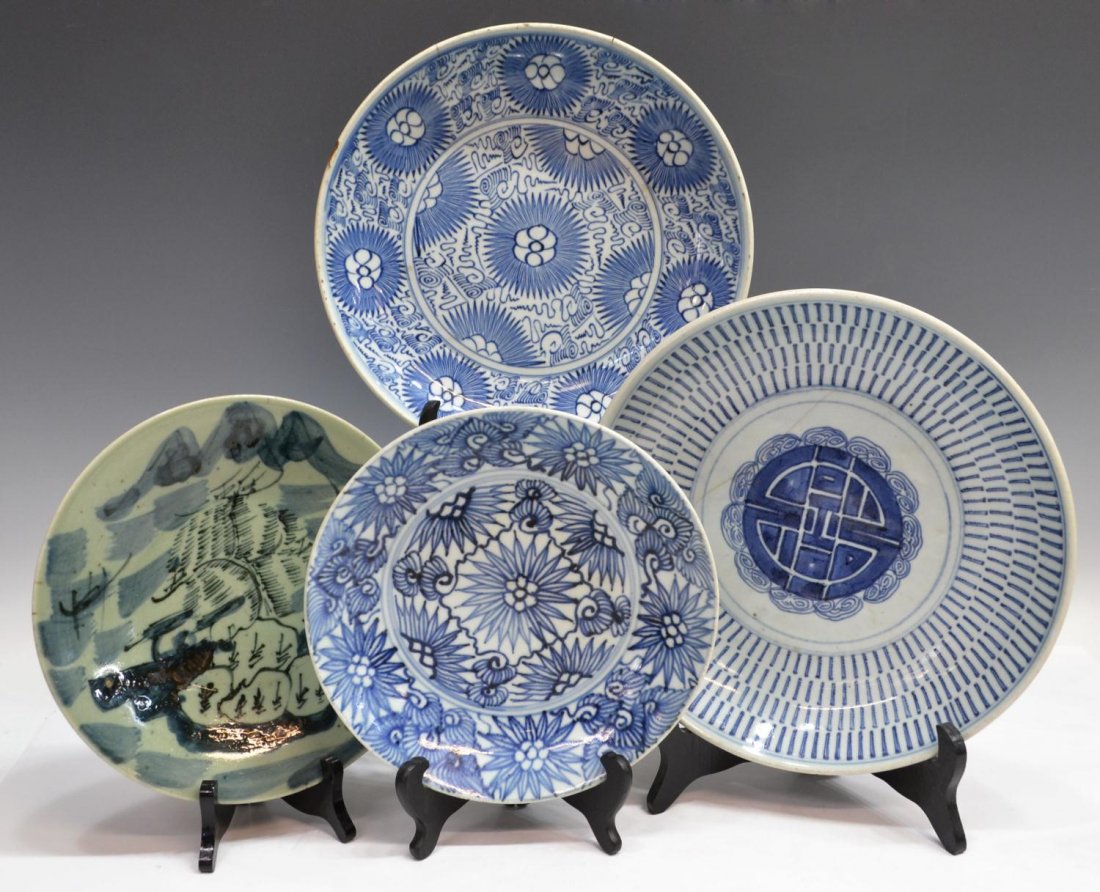 (4) ASIAN BLUE & WHITE PORCELAIN BOWLS & PLATES: (lot of 4) Collection of Asian blue and white porcelain low bowls and plates, decorated in various geometric and foliate patterns, together with (1) decorated with a mountainous landscape scene on a g