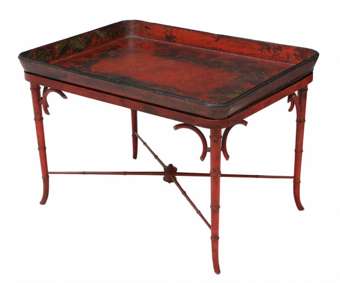 CHINESE MACHE SERVING TRAY ON TABLE STAND: Chinese red lacquered papier mache serving tray on faux bamboo table stand, early 20th c, overall: 21"h, 30.5"w, 22"d Start Price: $80.00