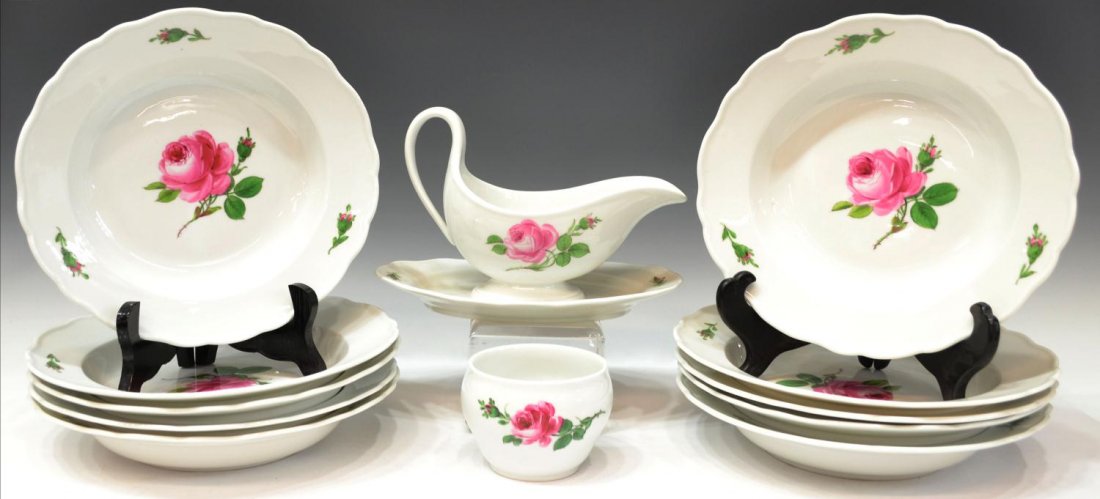 (12) MEISSEN 'PINK ROSE' PORCELAIN DINNERWARE: (set of 12) Meissen 'Pink-Rose' porcelain dinnerware, hand painted central budding rose on a white ground with foliage, comprising: (10) scalloped rimmed soup bowls, one with small chip to rim, 1.25"h