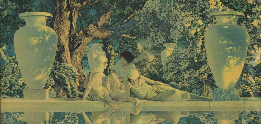 MAXFIELD PARRISH PRINT, THE GARDEN OF ALLAH, 1918: Framed print under glass, "The Garden of Allah", c. 1918, marked at lower right MP,Wb, (Maxfield Parrish, Philadelphia, 1870-1966), retaining original tag on verso: "The Garden of Allah, Volchrome Pri