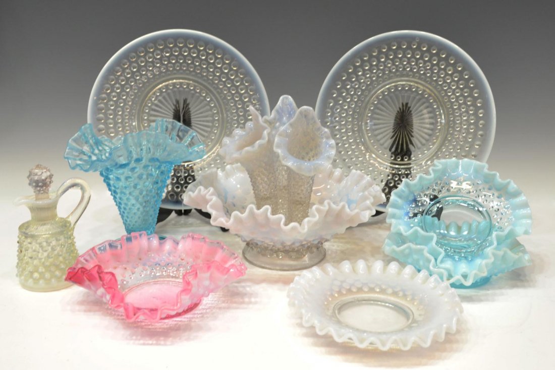 (9) VINTAGE OPALESCENT HOBNAIL GROUPING, EPERGNE: (lot of 9) Collection of vintage opalescent hobnail art glass, comprising: (1) white triple epergne, likely Fenton, 7"h; (1) white cruet, 4.75"h; (2) white flat plates, 8.5"diam.; (3) blue and pink tr