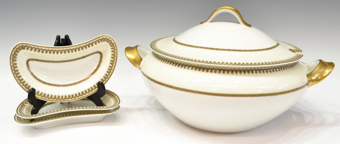 (4)LARGE HAVILAND & CO. GILDED TUREEN, BONE DISHES: (lot of 4) Collection of Haviland and Co. Limoges dinnerware, gold geometric design on a cream and white ground with gilt rim, comprising: (1) covered vegetable dish, 7.25"h; (3) bone dishes, 6.25"l; 