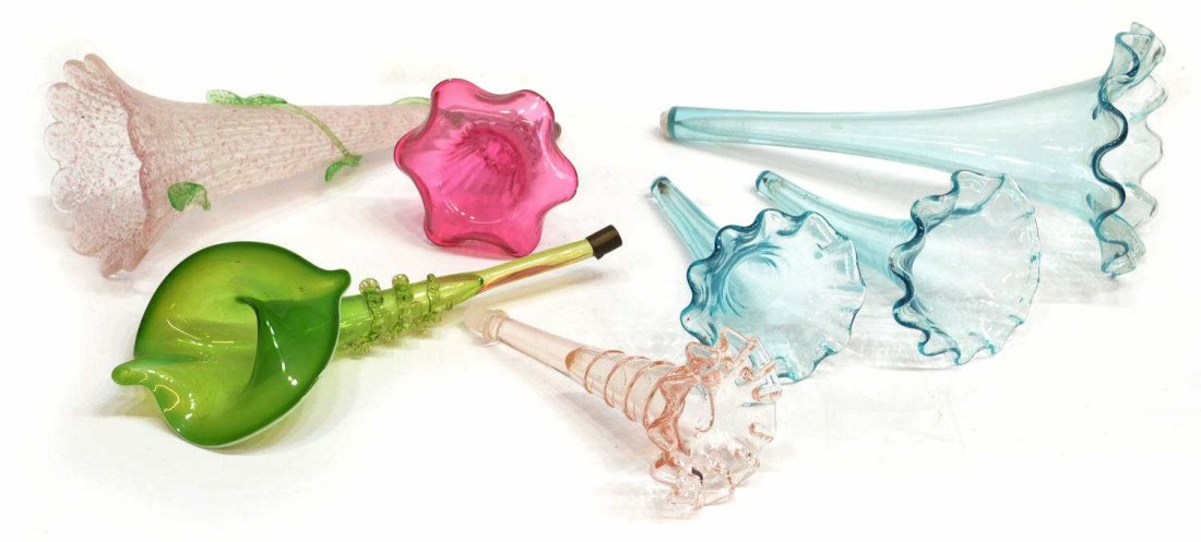 (7) COLLECTION VICTORIAN ART GLASS EPERGNE FLUTES: (lot of 7) Victorian and later art glass epergne flutes, various colors, highlights include a green Jack-in-the-Pulpit, pink floriform with spiraling green foliates, set of ruffled rim blue flutes, et
