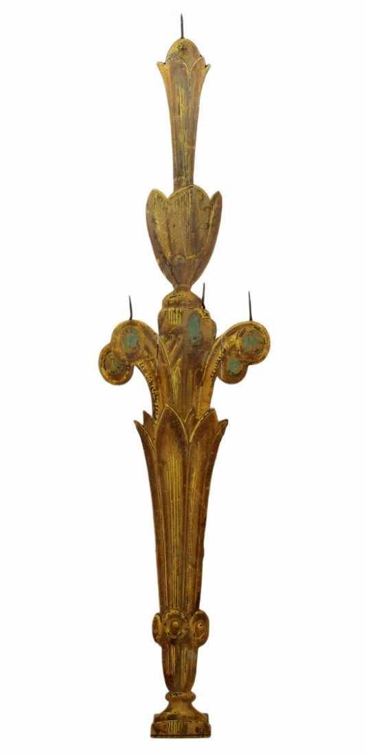 ITALIAN OPERA HOUSE PROP, PARMA, 19TH C.: Italian opera house prop, Parma, late 19th c., worn polychrome paint on pine depicting a vase with flowers, iron hooks for hanging garlands, 104"h, 24"w Start Price: $80.00