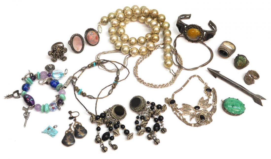 MIXED STERLING, SIVER & METAL JEWELRY GROUP: (lot) Mixed jewelry group comprising sterling, metal and stone set rings, necklaces, earrings, etc., varied ages, origins, designs and makers, 396 grams (for shipping) Start Price: $50.00