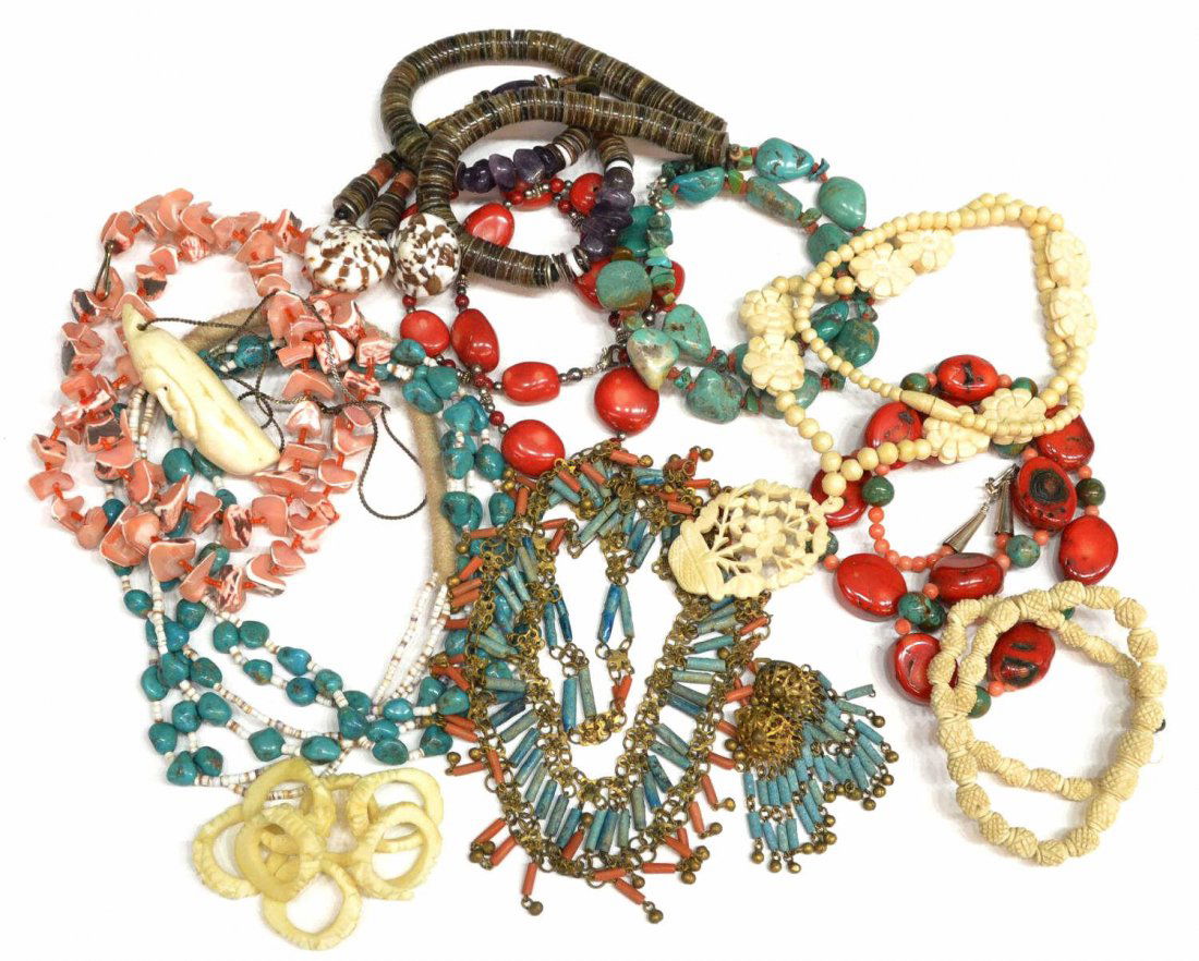INUIT IVORY, SOUTHWEST TURQUOISE NECKLACE GROUP: (lot) Collection of vintage and later necklaces and bone rings, including Southwest examples of turquoise and red coral, a fine heishi shell example with amethyst chip accents and double shell drop, a