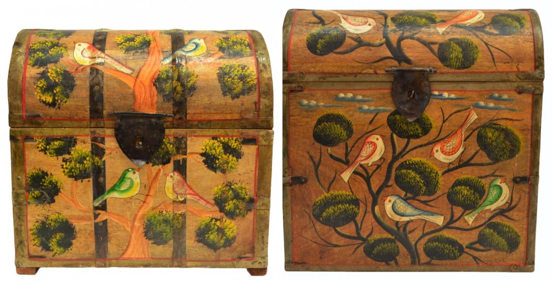 (2) PAINTED PRIMITIVE DECORATIVE BOXES: (lot of 2) Collection of Primitive decorative dome top boxes, each painted with tree branches and various birds, one opening to six individual compartments, metal strapping and handles, tallest: 15.5"