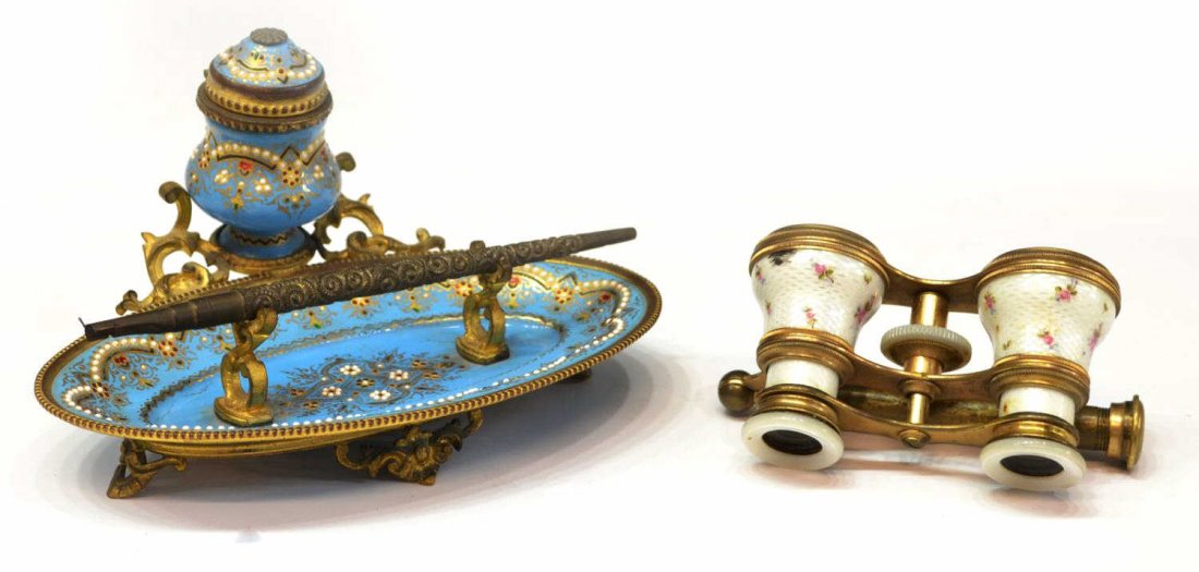 FRENCH GUILLOCHE OPERA GLASSES & ENAMEL INK STAND: (lot of 2) Continental guilloche enamel opera glasses, handpainted delicate pink roses, gilt mountings and extendable handle, numbered 61, discoloration to one area of enamel, some crazing, approx. 6.
