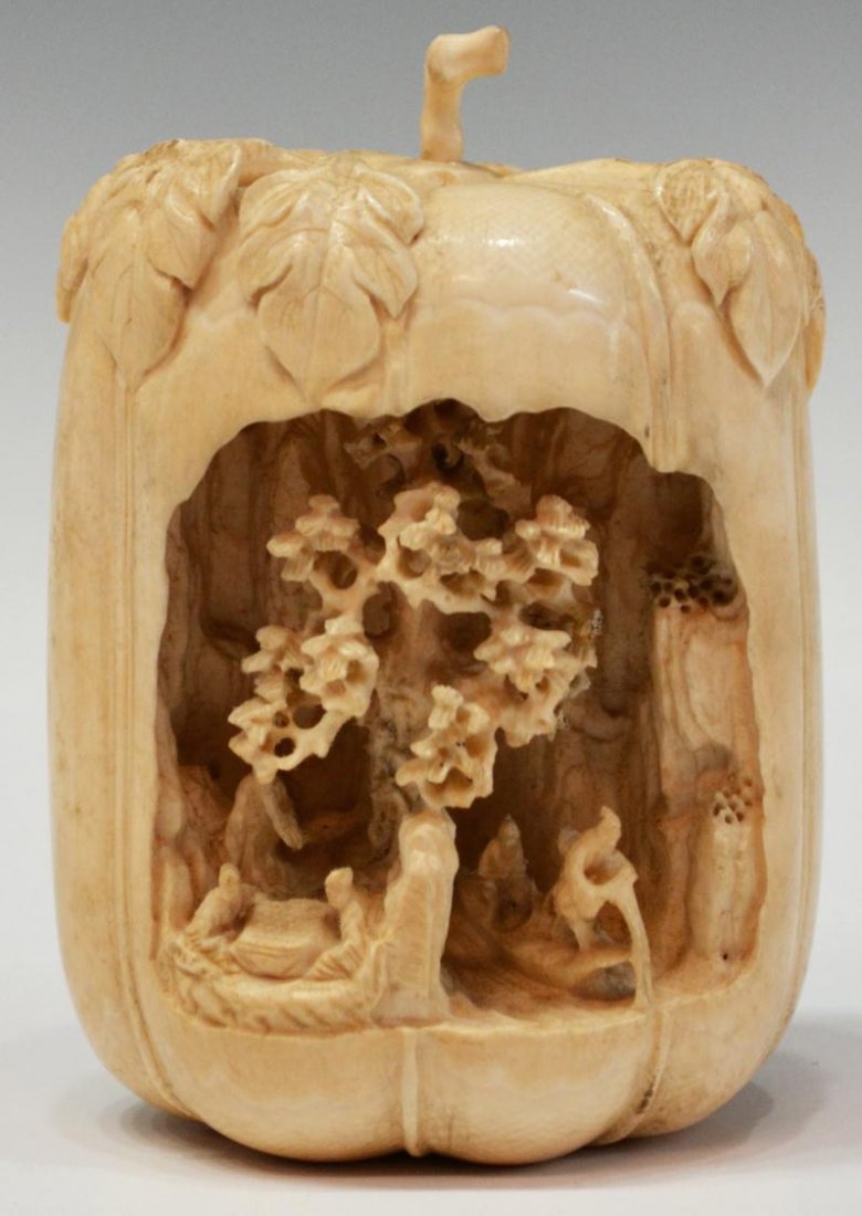 ANTIQUE CHINESE INTERIOR CARVED MODEL OF A MELON: *This lot will not be shipped Internationally* Chinese carved ivory model of melon having leafy stem, openwork scene carved to the interior featuring boat scene and figures amid a treed mountainous la
