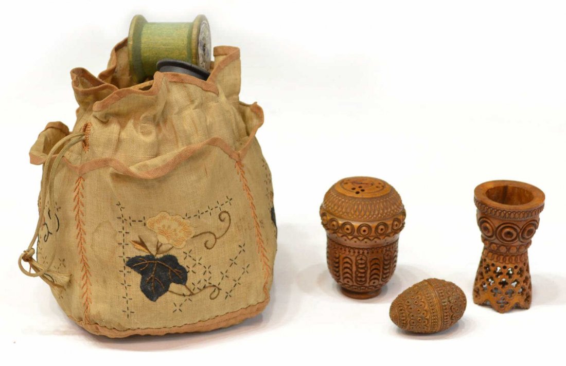 (LOT) ANTIQUE TREENWARE ITEMS & SEWING IMPLEMENTS: (lot) Group of intricately carved antique treenware items and sewing implements in a embroidered drawstring pouch, egg intact with splits, largest treenware: 2.5"h, 1lb total Start Price: $50.00