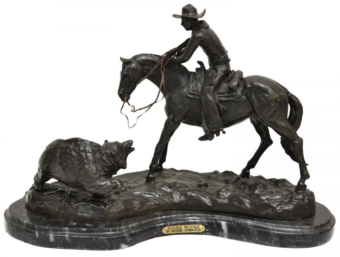 WESTERN BRONZE, DOUBLE TROUBLE, AFTER REMINGTON: Large patinated western bronze, Double Trouble, after a sculpture by Frederic Sackrider Remington (American, 1861-1909), marble base having wear/roughness to edges, approx 18.5"h, 27"l, 10.5"w, 79lbs 