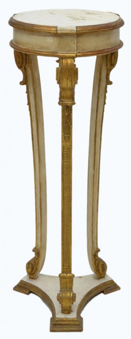 PARCEL GILT PEDESTAL IN WHITE PAINT: Parcel gilt pedestal in a worn white painted finish, the circular top raised on three scrolled leg terminating in a tripartite base, some loss to paint, 43"h, 15.5"diam Start Price: $80.00