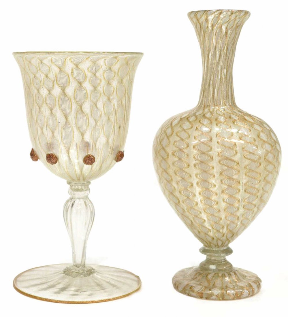 (2) ANTIQUE LATTICINO GLASS GOBLET & VASE