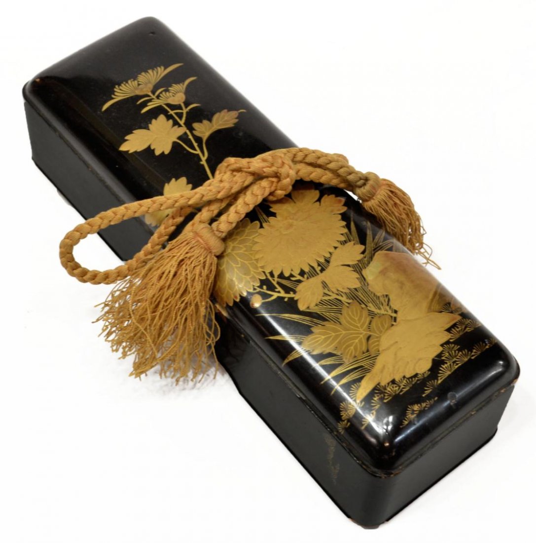 19TH C. JAPANESE GILT & BLACK LACQUER BOX: Japanese gilt and black lacquer box with various brushes and utensils, 19th c., possibly a calligraphy box, 2.5”h, 3.25”w, 10”d, .75lbs Start Price: $100.00