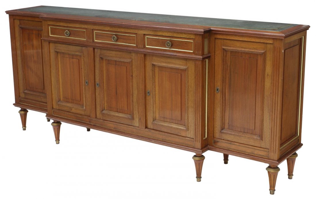 FRENCH LOUIS XVI STYLE SIDEBOARD: French Louis XVI style sideboard, 20th c., a breakfront with inset gilt accented mirror at top, two central frieze drawers, five lower doors, all rising on tapered ribbed legs, 41.5"h, 96.75"w, 19.5"d