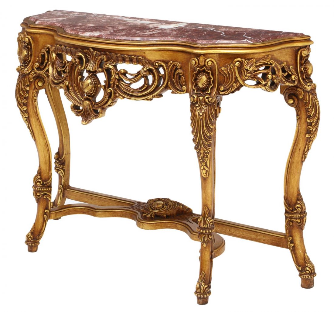 LOUIS XV STYLE GILT & MARBLE CONSOLE TABLE: Louis XV style gilt finish console table, 20th c., a shaped inset marble top over elaborately pierce carved foliate and shell frieze, rising on four stretcher joined cabriole leg supports with blunt a