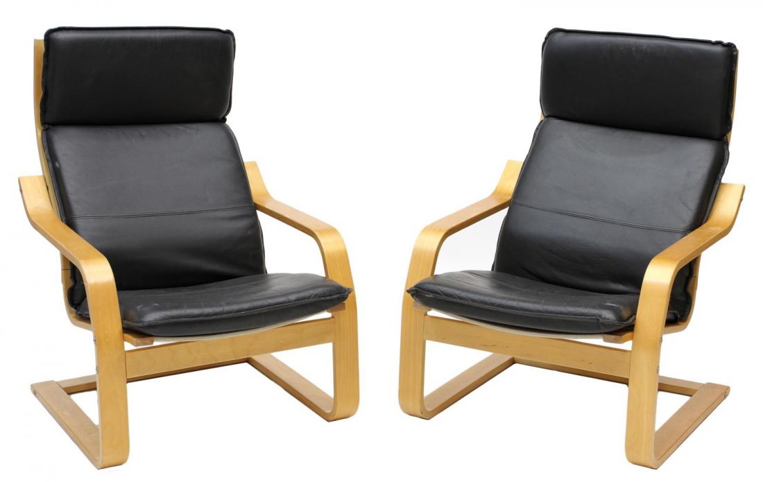 (PAIR) DANISH MID-CENTURY MODERN CHAIRS: (pair) Danish mid-century modern birch framed chairs with leathrette cushion, 38"h, 27"w, 29"d Start Price: $250.00