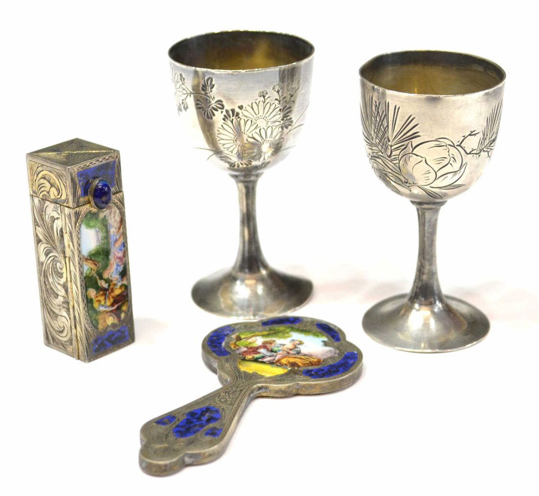 (4) ENAMELED 800 SILVER LIPSTICK & ASIAN GOBLETS: (lot of 4) Diminutive silver and metal items: (2) Continental 800 silver lipstick with lapis mounting and miniature hand mirror (crack to mirror), each with enameled figural courting scenes, largest: