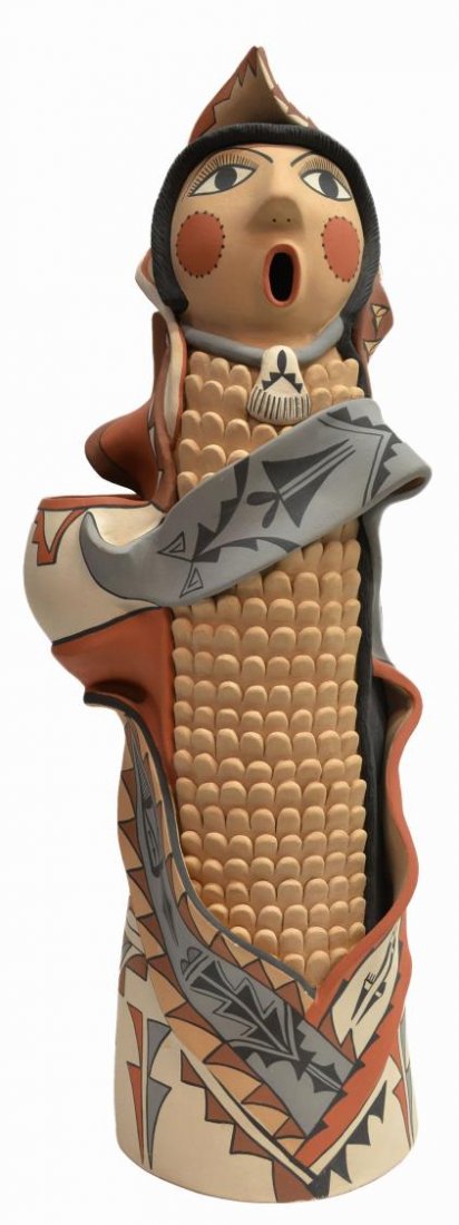 NATIVE AMERICAN POTTERY FIGURE,E. FRAGUA TSOSIE: Large Native American polychrome art pottery figure, in the form of a Corn Maiden storyteller, signed under foot E. Fragua Tsosie Jemez (Emily Fragua Tsosie, Jemez Pueblo, New Mexico, 20th c.), 27.5"h