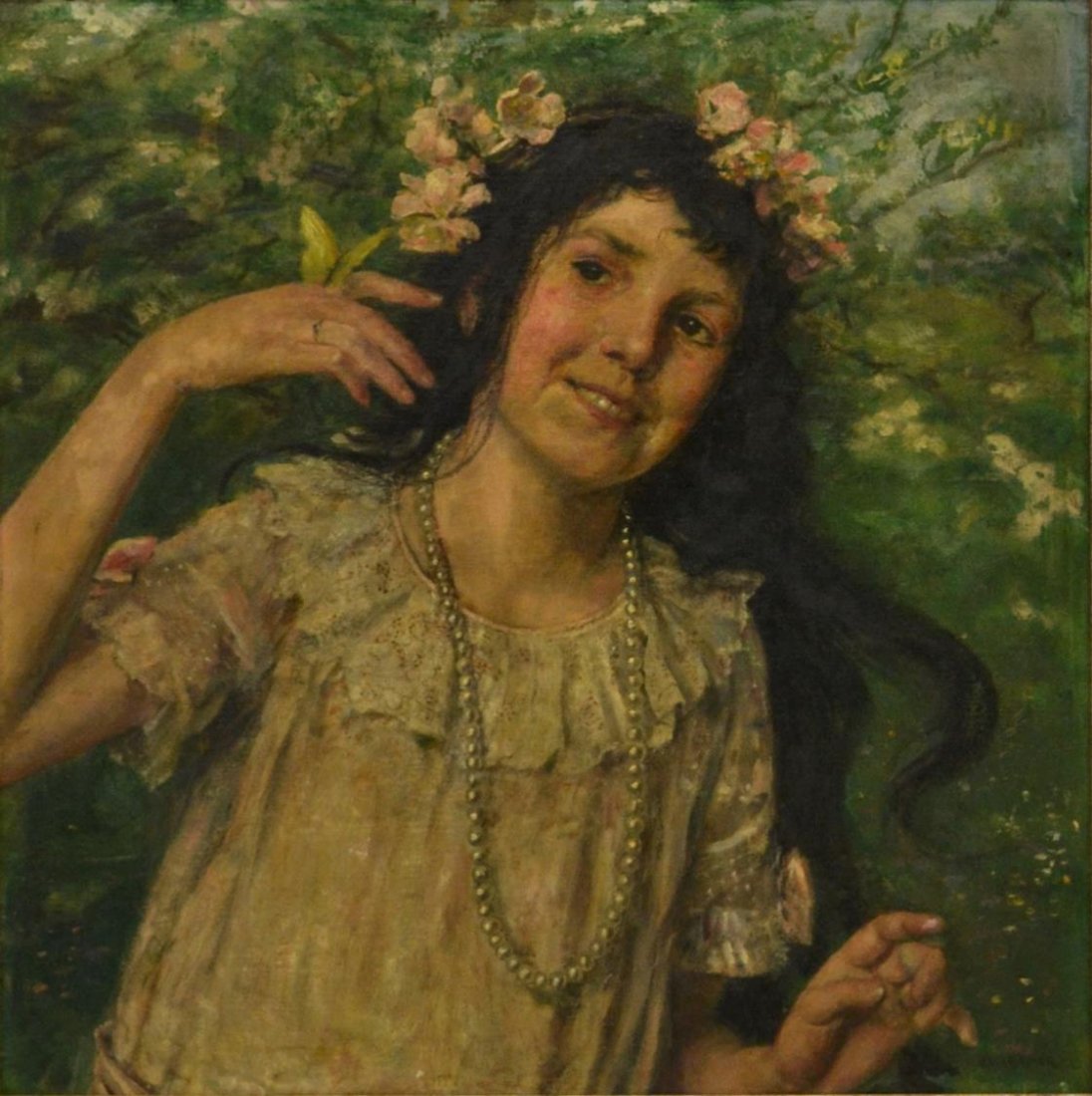 PAINTING, PORTRAIT OF GIRL, J.V. KRAMER 1961-1949: Framed oil painting on canvas, Portrait of a Girl with Flowers in her Hair, signed lower right J.V. Kramer (Johann Victor Kramer, Austria, 1861-1949), Austrian framers tag verso, sight: 23.25"h, 23"w,