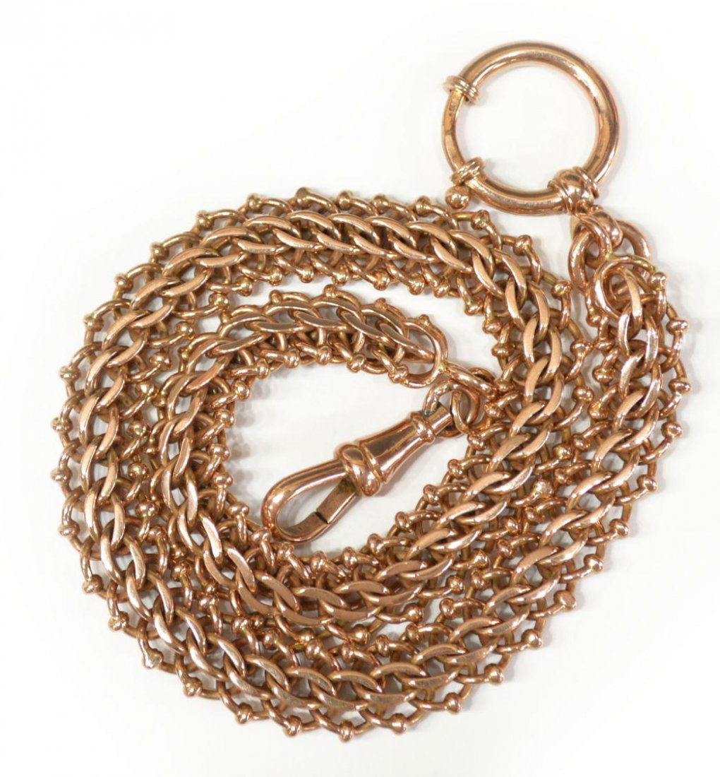 ANTIQUE RUSSIAN ROSE GOLD WATCH FOB / CHAIN: Antique Russian 14kt rose gold watch fob chain, hallmarked wth the sign of a hammer, sickle and 583 indicating Soviet gold, makers mark to the left, the chain is a Bismark design with a c-ring clasp,