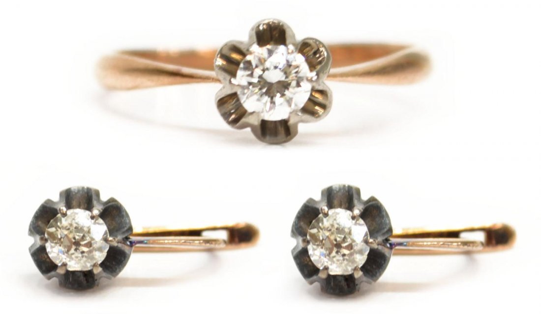 ESTATE RUSSIAN 14KT ROSE GOLD, DIAMOND JEWELRY SET: (suite of 3) Estate Russian 14kt rose gold jewelry suite, hallmarked with the hammer, sickle and 583 indicating Soviet 14kt gold, makers mark to the left, stylized floriform motif, oxidized finish, co