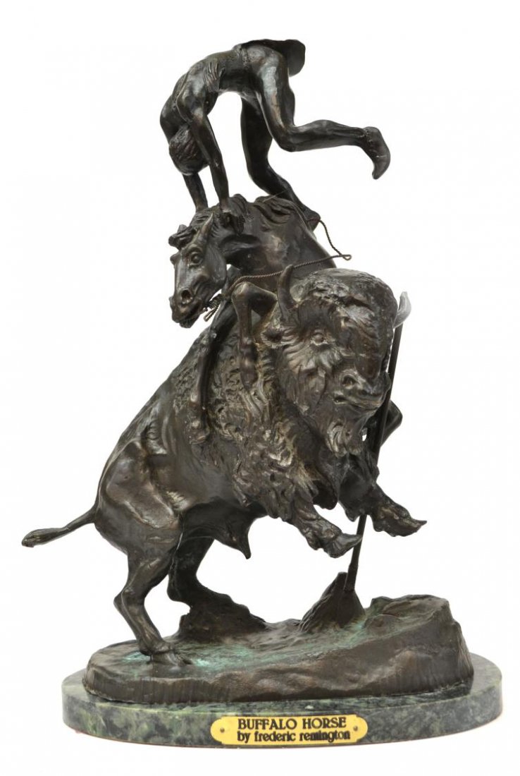 WESTERN BRONZE, BUFFALO HORSE, AFTER REMINGTON: Patinated western bronze sculpture, Buffalo Horse, after Frederic Sackrider Remington (American, 1861-1909), verde patination to base, on a green marble base with gilt metal title tag, 16.5"h, 11"l, 6