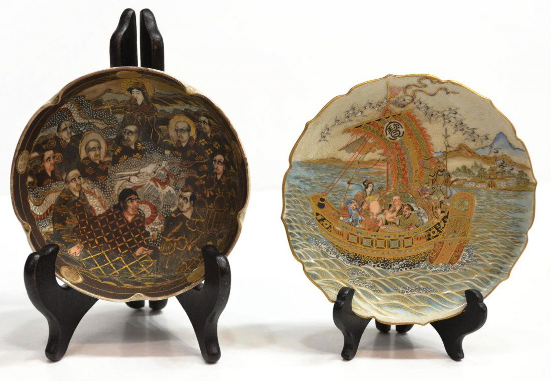 (2) JAPANESE SATSUMA-STYLE ITEMS, TAISHO/SHOWA: (lot of 2) Japanese Satsuma-style earthenware table items, Taisho/early Showa period, comprising: (1) scalloped edge bowl, the interior showing parcel gilt Kannon and rakan intertwined with a writhing