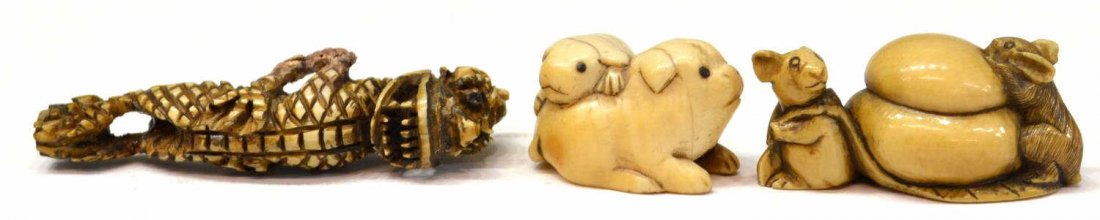 (3) JAPANESE CARVED IVORY NETSUKE & DRAGON FIGURE: *This lot will not be shipped Internationally* (lot of 3) Japanese carved ivory netsuke and figure: (1) upright figure of a dragon, restoration to one arm,. 3"h; (1) modeled as two puppies, inlaid eye